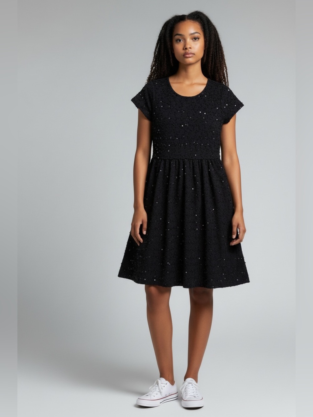 Forever 21 Black Short Sleeve Sequin A-Line Mini Dress